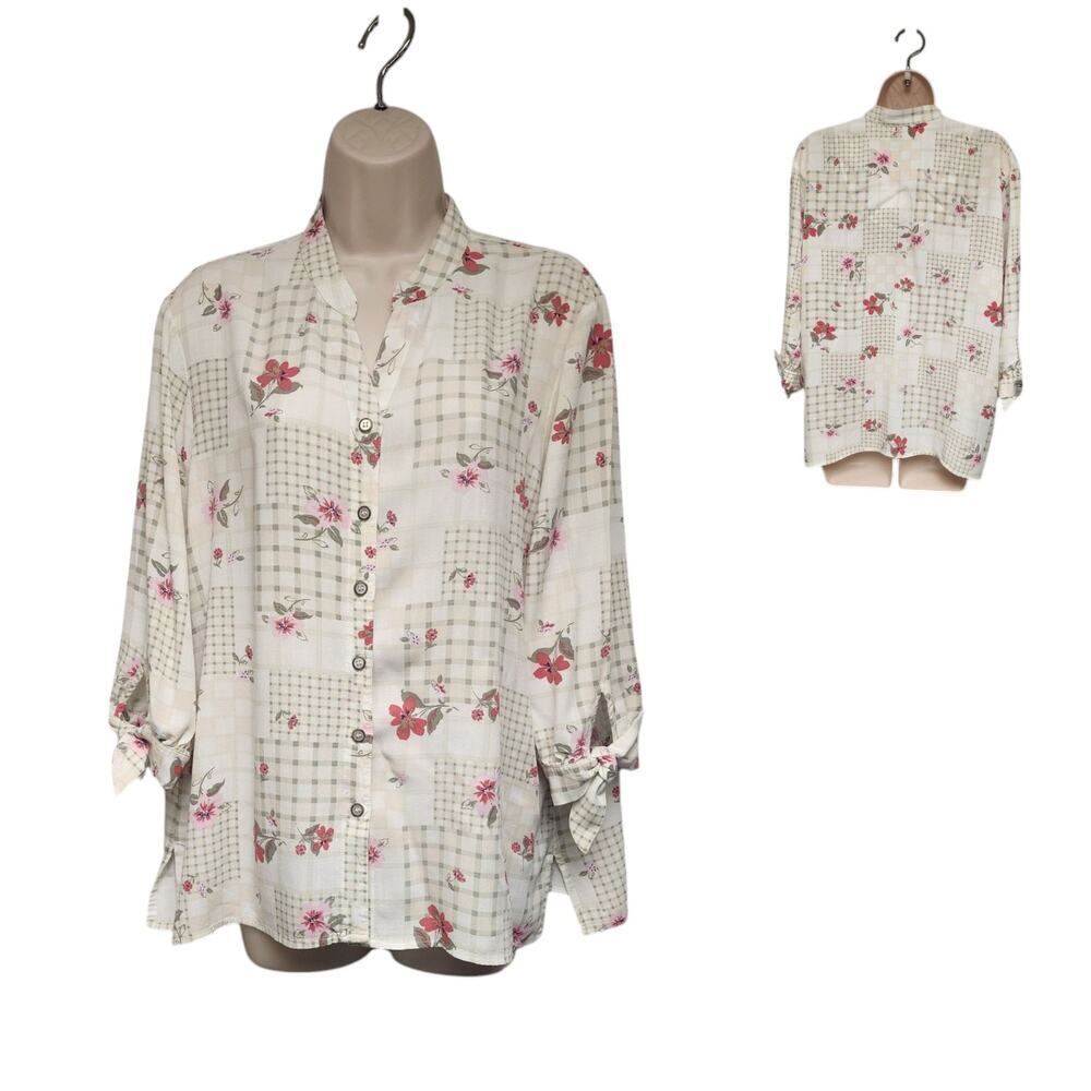 Allison Daley Garden Check Print 3/4 Tie Sleeve Y-Neck Button Front Top Size L
